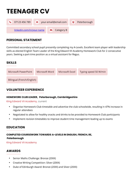A teenager CV example in the Bristol CV template.