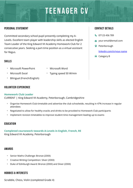 A teenager CV example in the Chester CV template.