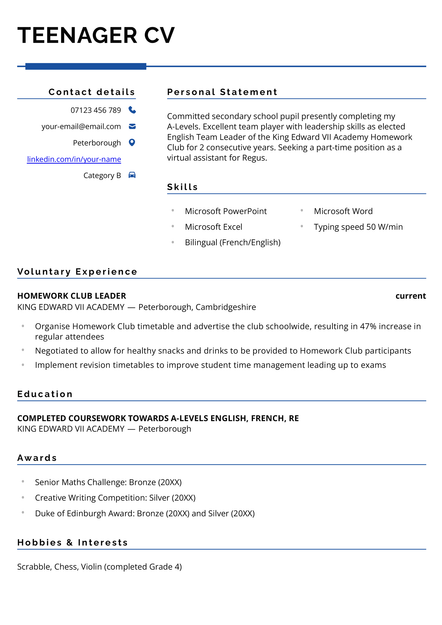 A teenager CV example in the Coventry CV template.