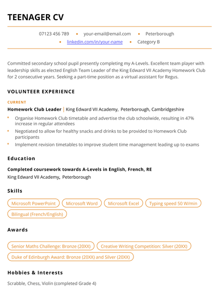A teenager CV example in the Sheffield CV template.