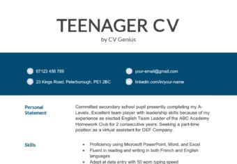 A teenager CV sample that features a blue colour scheme, primarily in a band separating the CV title from the rest of the CV content.