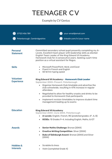 A teenager CV sample that features a blue colour scheme, primarily in a band separating the CV title from the rest of the CV content.
