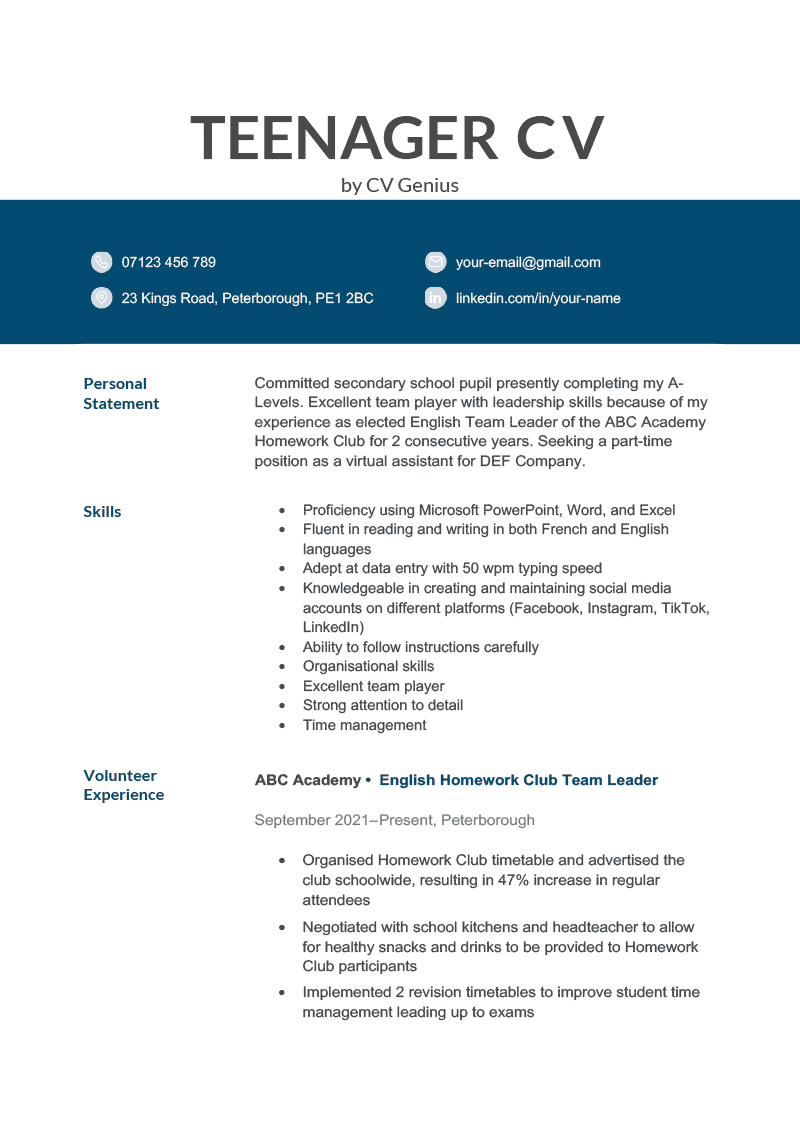 example of resume for 15 year old