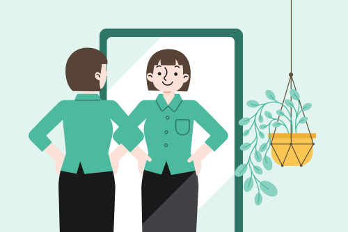A job applicant considers the interview question 'tell me about yourself' as she looks at herself in a mirror.