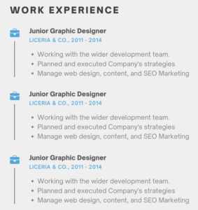 A work experience section from a Canva CV template that overuses icons