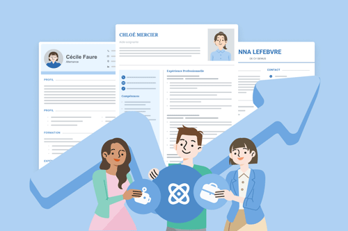 une image de trois professionnels réunis avec des CV réussis en arrière-fond