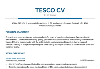 The first page of a Tesco CV example with blue header text and sections for the applicant's contact information, personal statement, and work experience