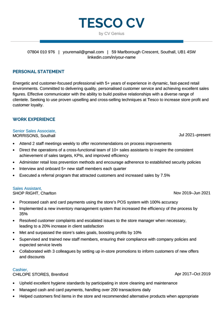 resume format for supermarket job