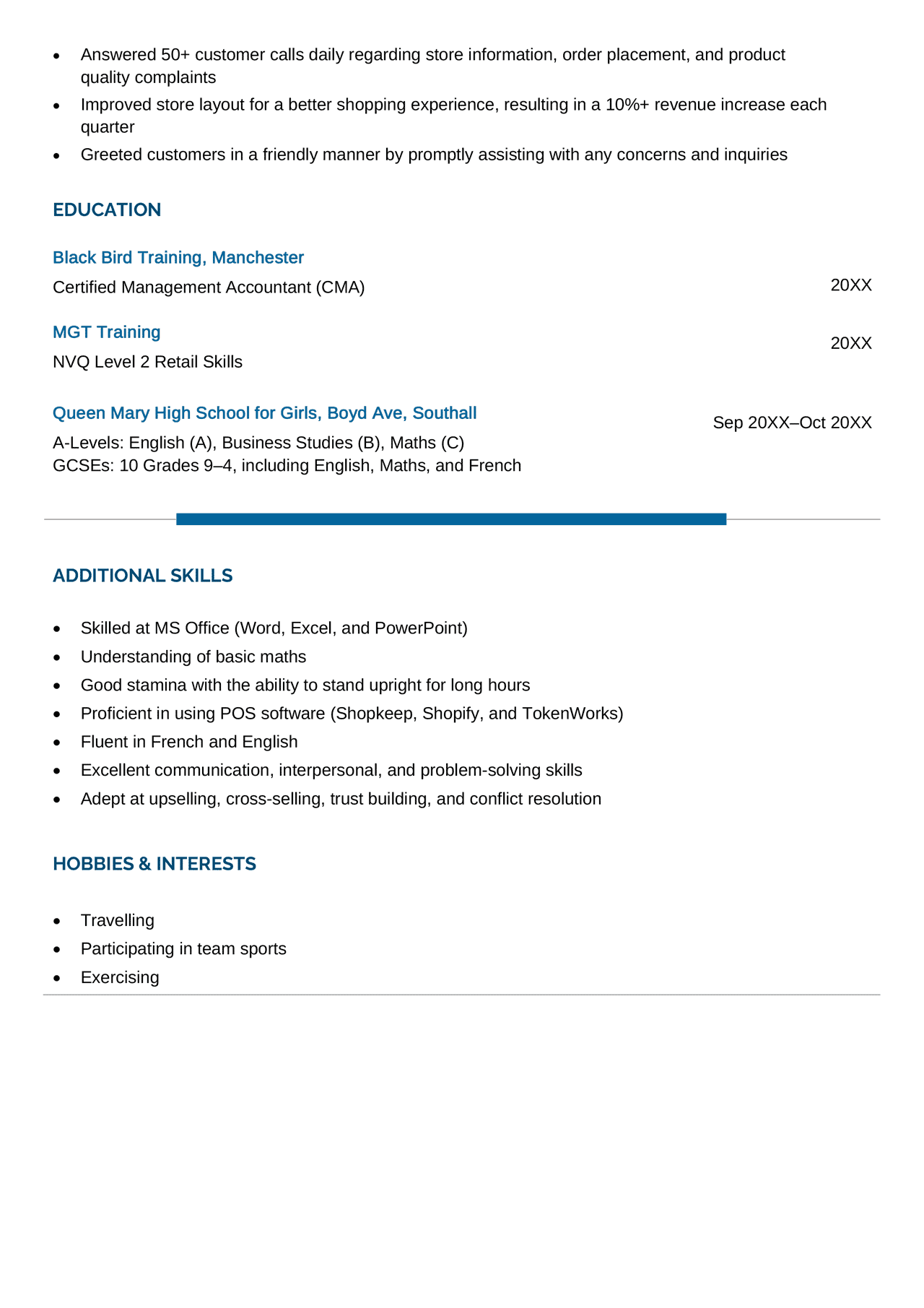 The second page of a Tesco CV example.