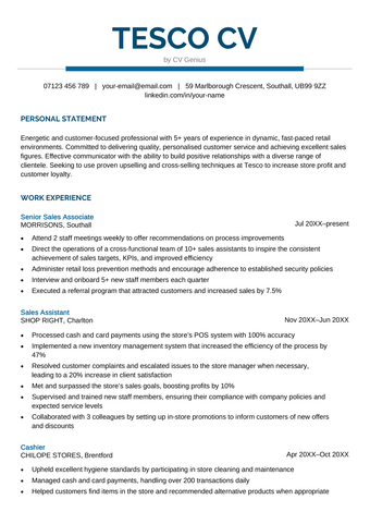 The first page of a Tesco CV example with blue header text and sections for the applicant's contact information, personal statement, and work experience