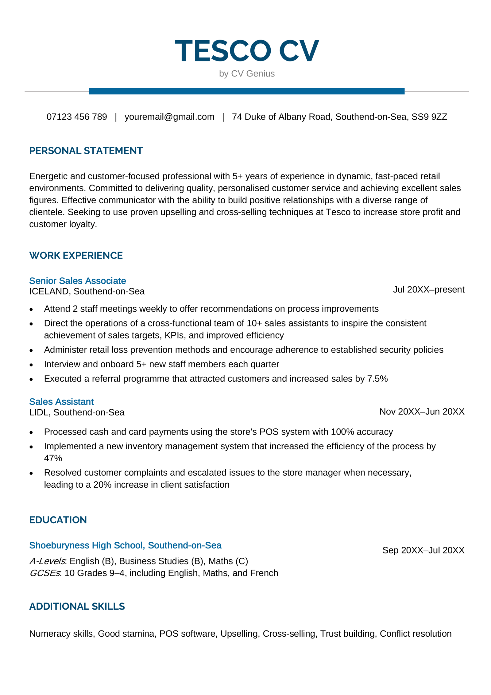 The first page of a Tesco CV example with blue header text and sections for the applicant's contact information, personal statement, and work experience