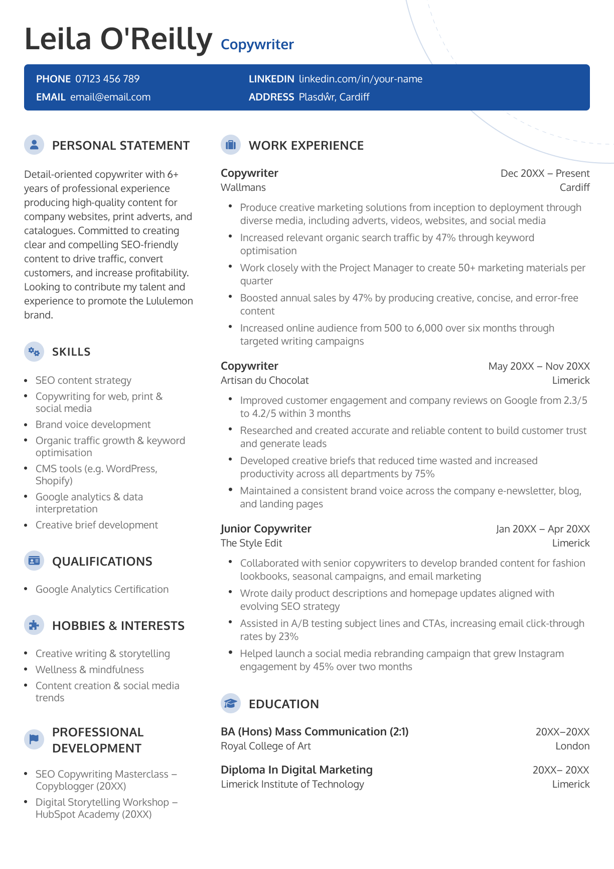 The Newport CV template in navy blue.