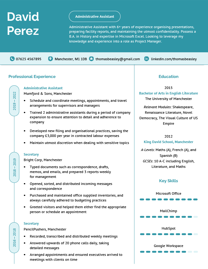 A visual CV example with a work experience timeline
