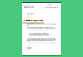 An image of a cover letter with a 'To Whom It May Concern' salutation highlighted
