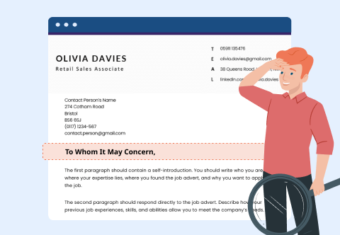 An image of a cover letter with the 'To Whom It May Concern' Salutation highlighted, and a cartoon character holding a magnifying glass to illustrate searching for alternative greetings