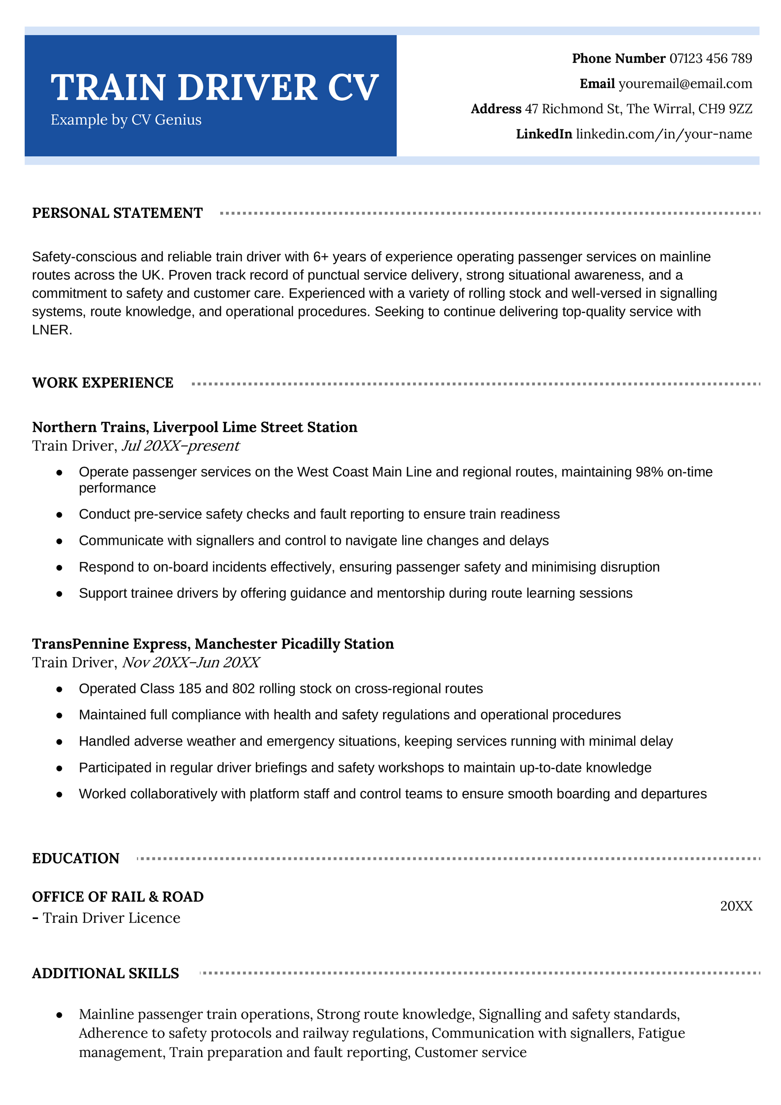 A train driver CV example.