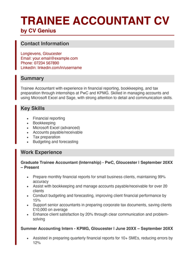 The first page of a trainee accountant CV example.