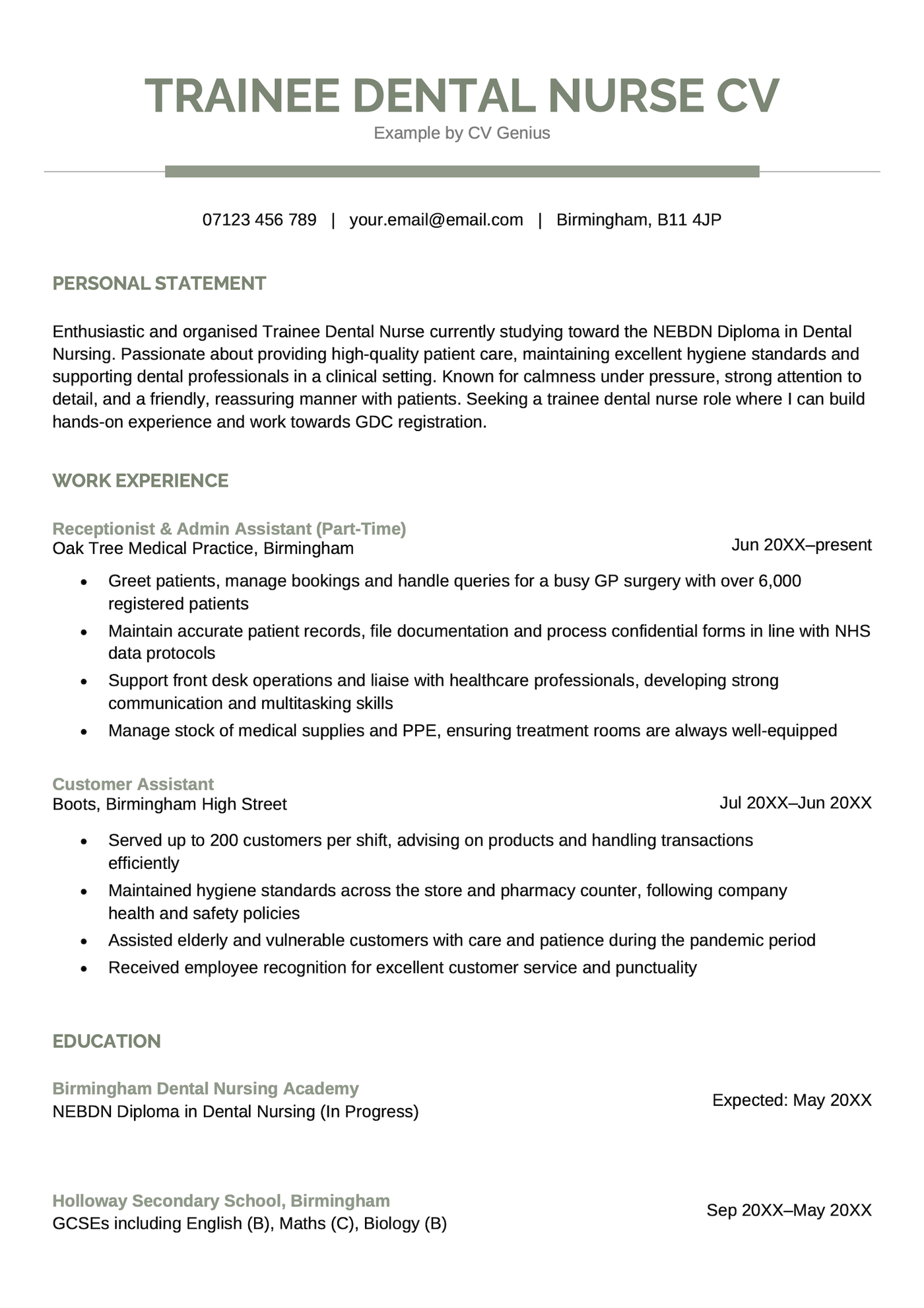 A trainee dental nurse CV sample.