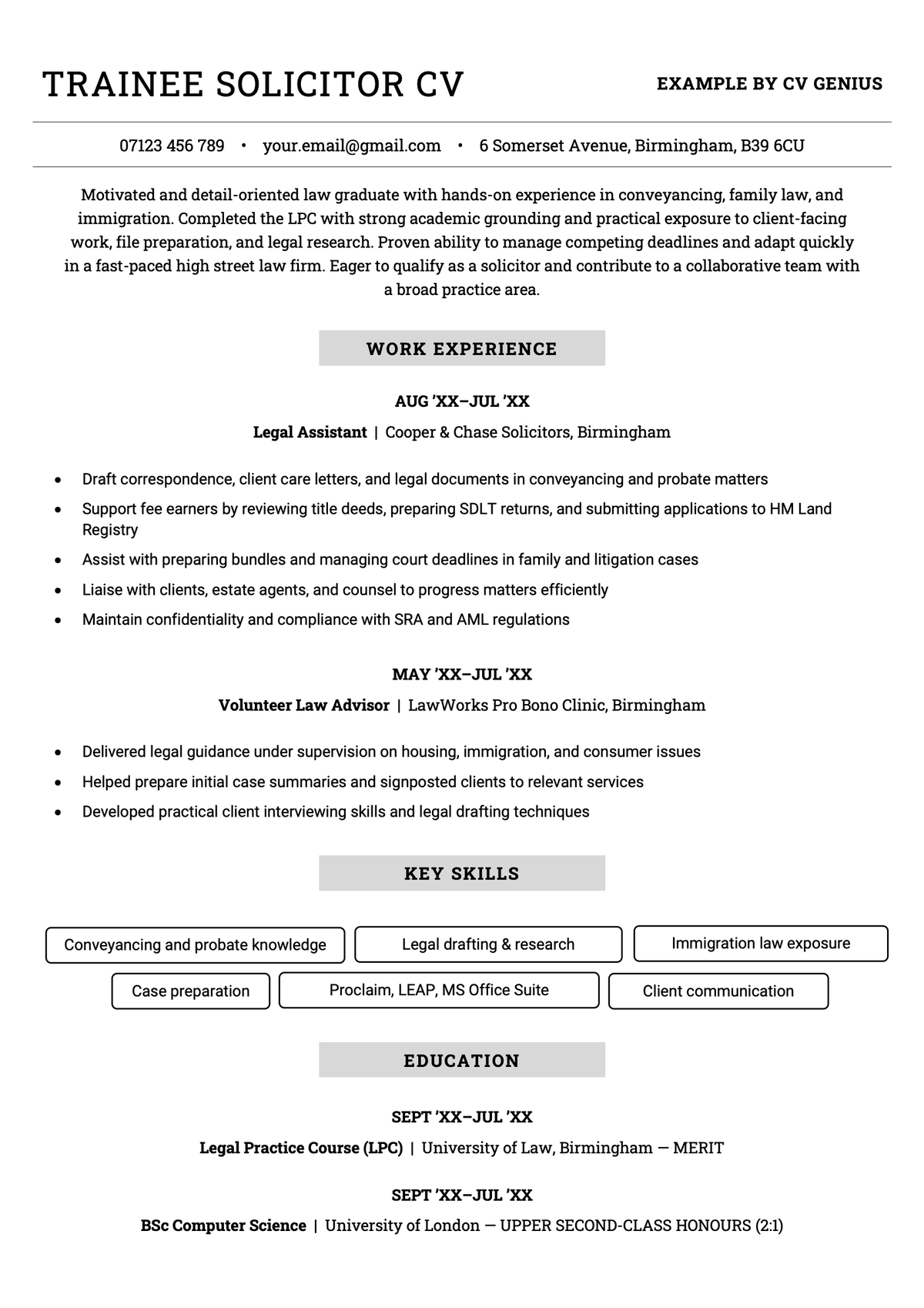 An example trainee solicitor CV with a black serif header