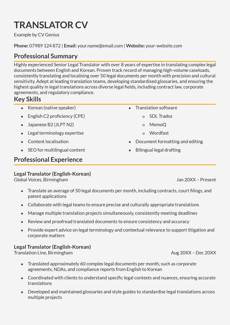 The first page of a translator CV example