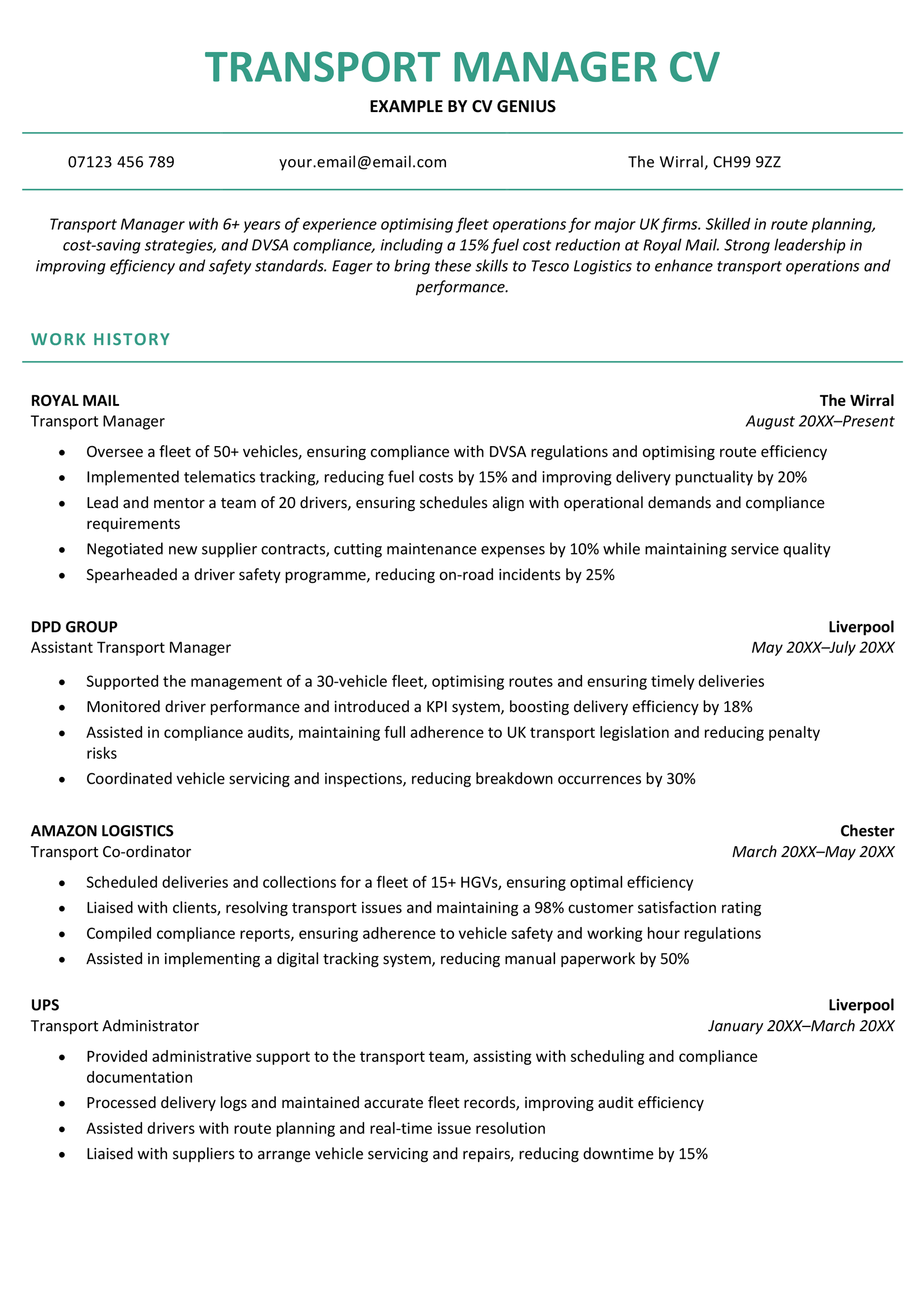The first page of a transport manager CV example.
