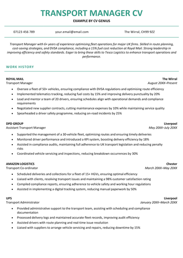 The first page of a transport manager CV example.
