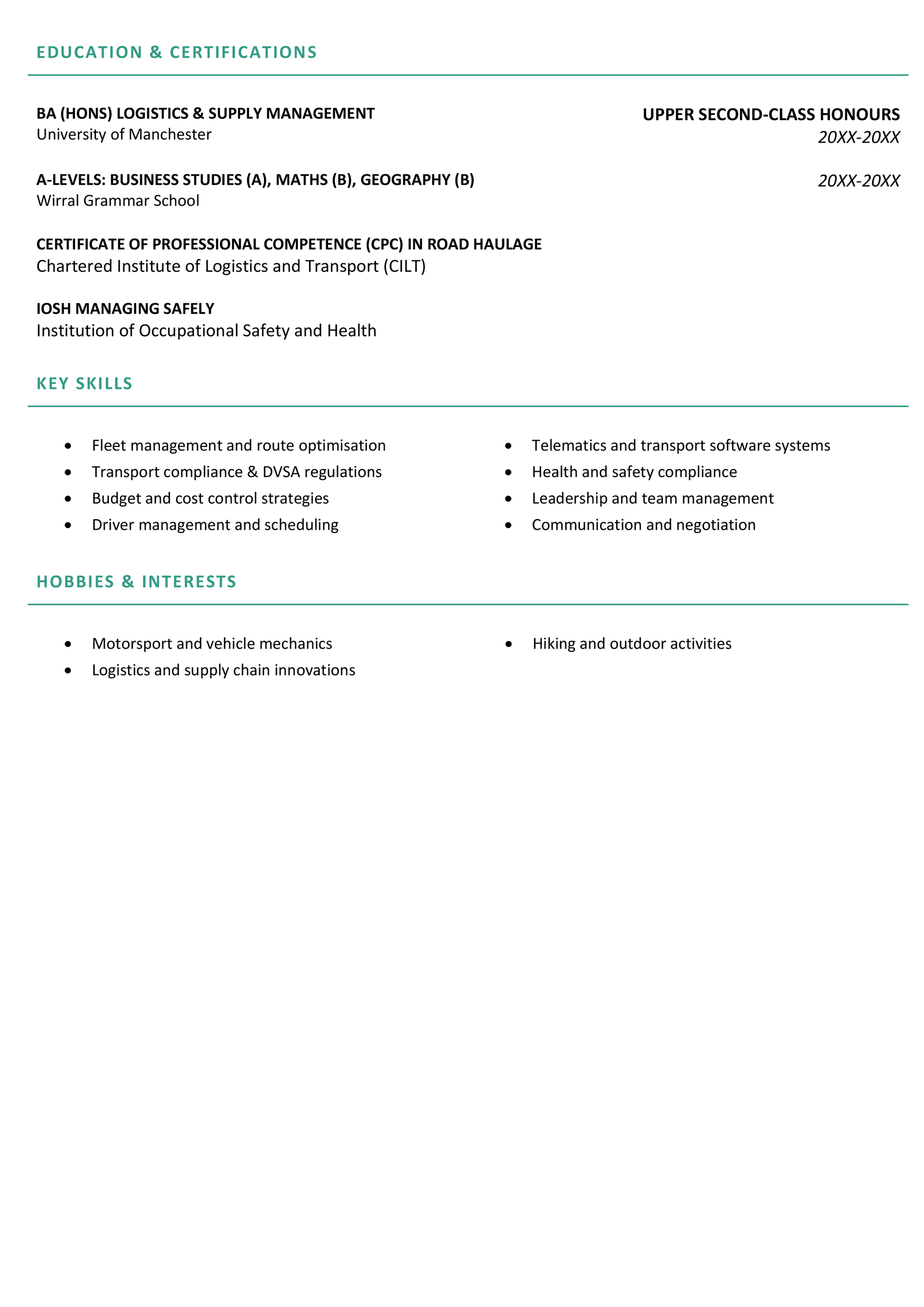 The second page of a transport manager CV example.