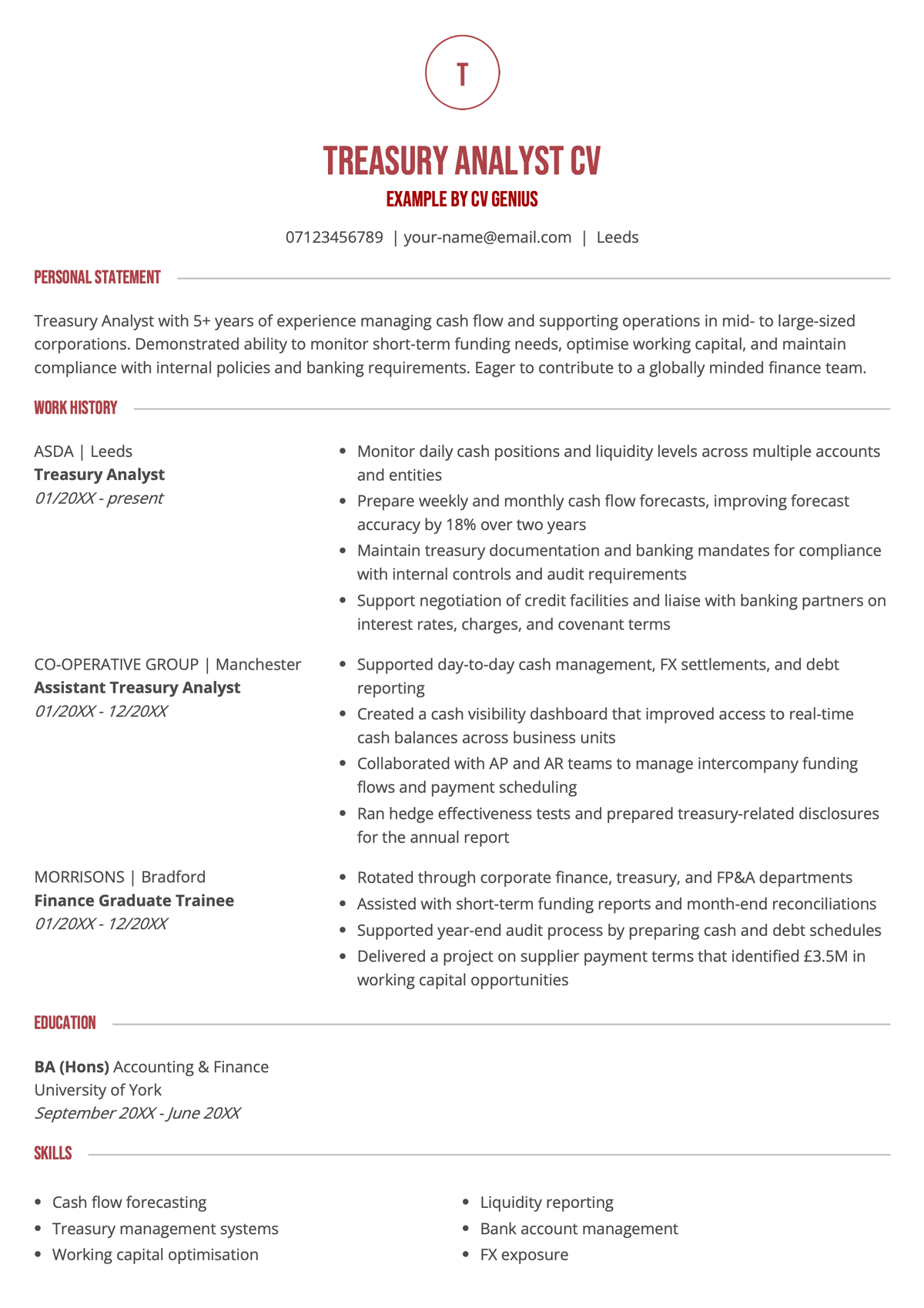 Treasury analyst CV example