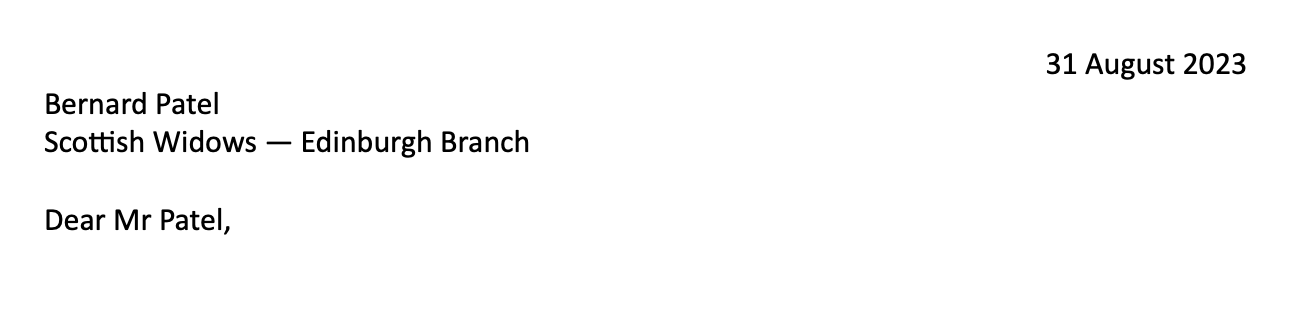 A concise employer address on a cover letter, containing only the contact person, the company name, and branch name.