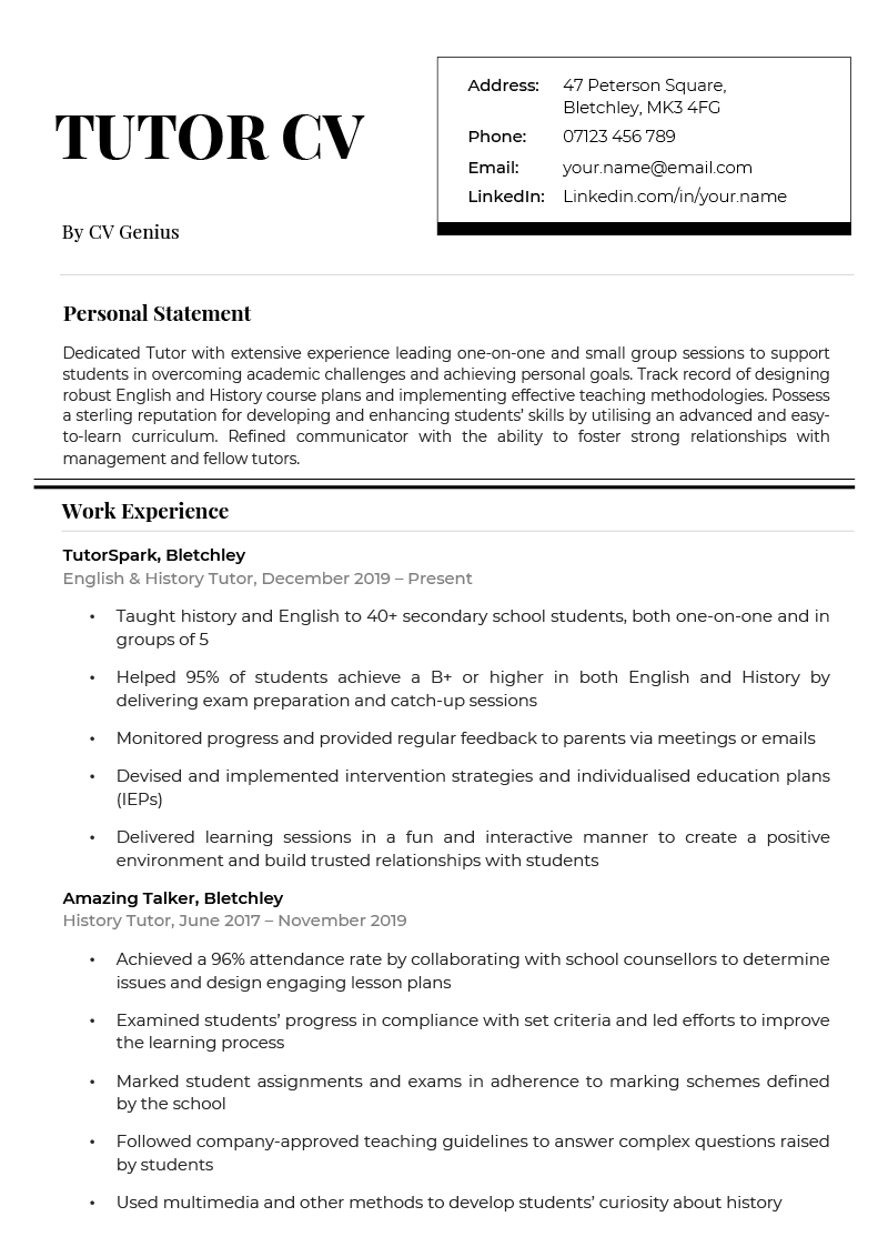 A tutor CV in a black-and-white template.