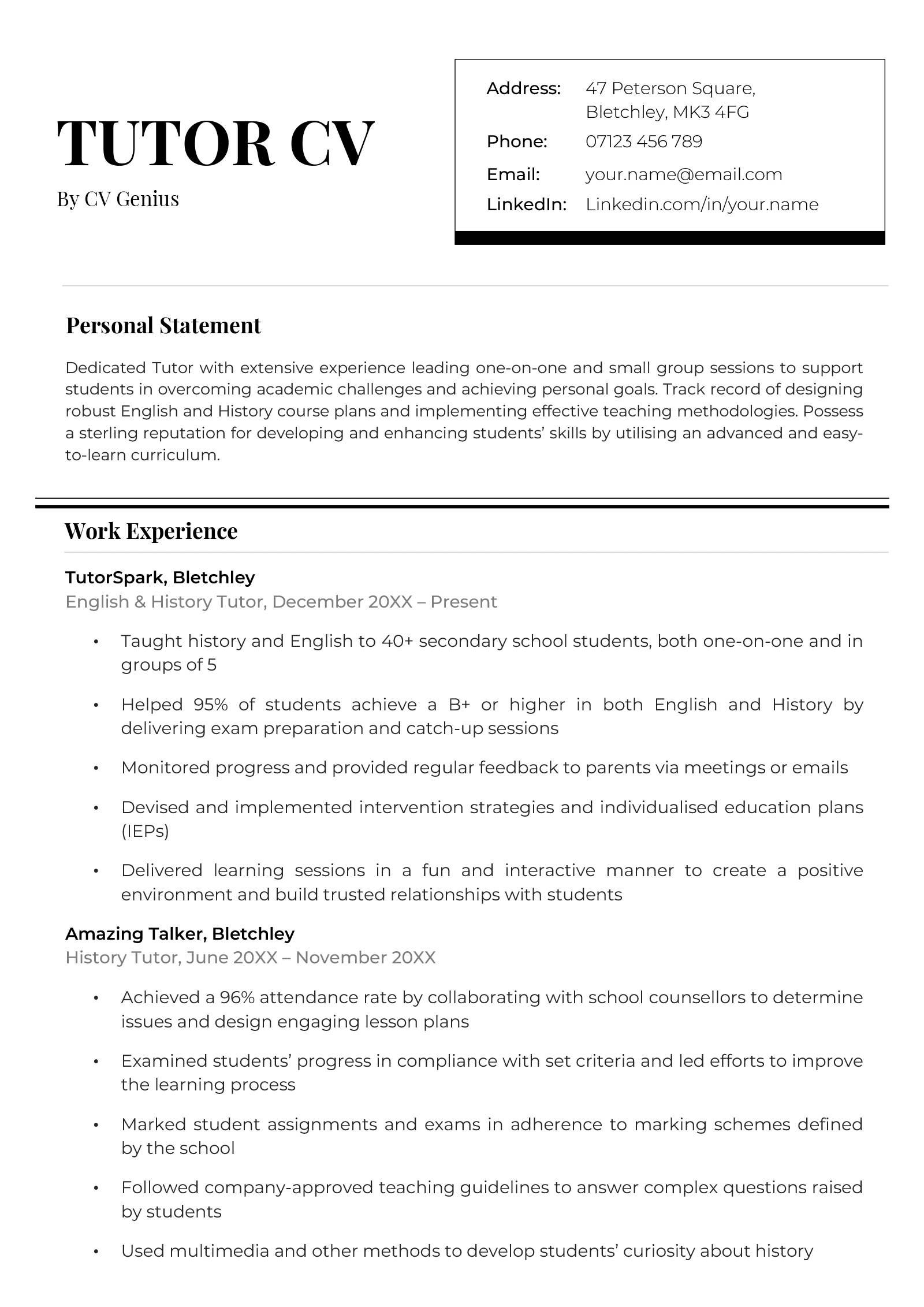 A tutor CV in a black-and-white template.