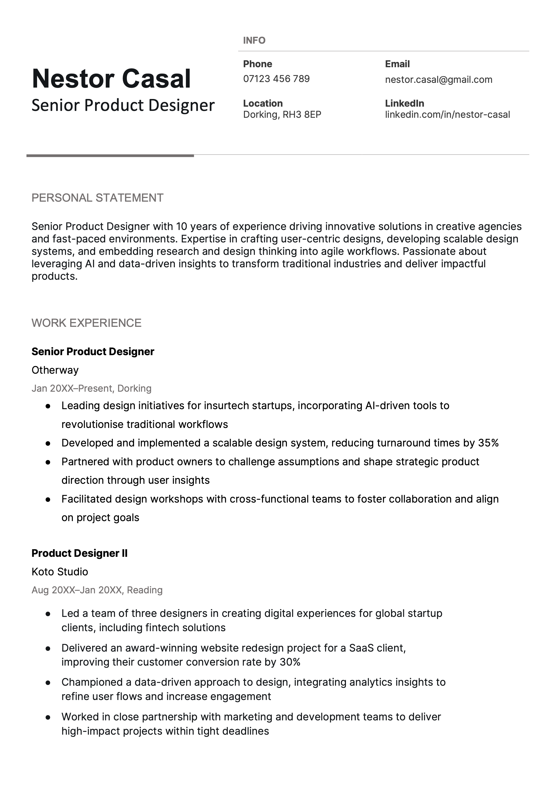 The first page of a two page product designer CV.
