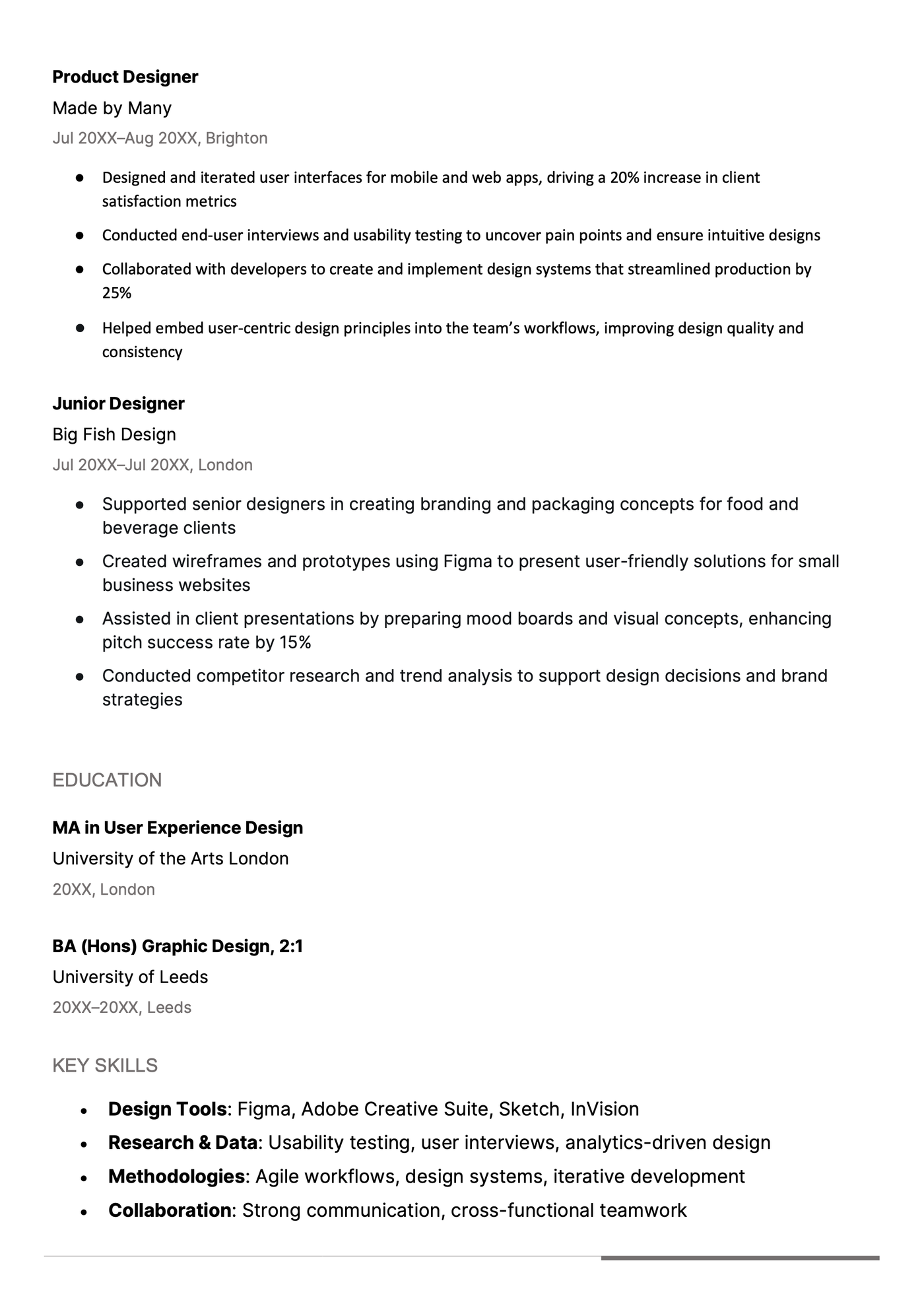 The second page of a two page product designer CV.