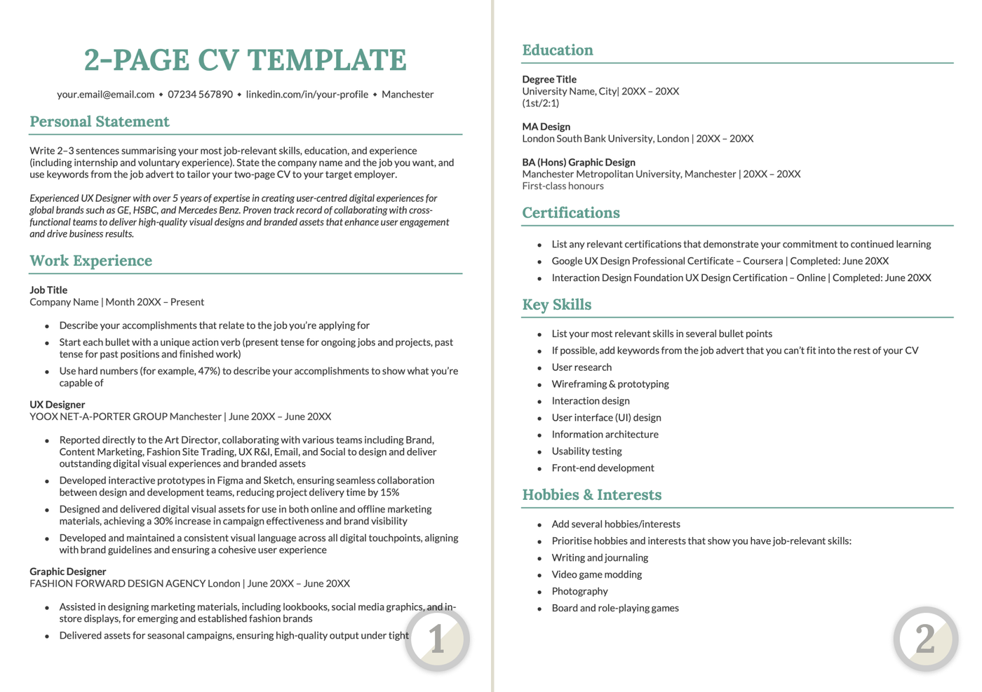 The first and second pages of a CV laid out side by side.