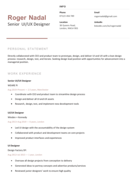 A simple and basic Tyneside CV template, displaying a job applicant's contact information, personal statement, and work experience, separated by headers.