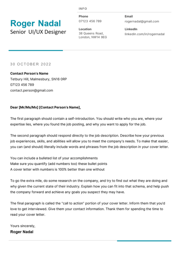 The Tyneside cover letter template in blue.