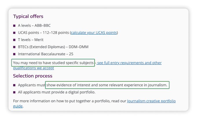 A University of Portsmouth webpage with some important admission requirements to think about for writing your personal statement framed in green.