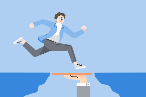 A young male employee happily jumps over two cliffs with a supportive hand bridging the gap beneath him, symbolising the UK's skills gap and its potential solutions