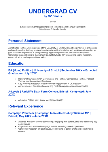 The first page of an undergrad CV example.
