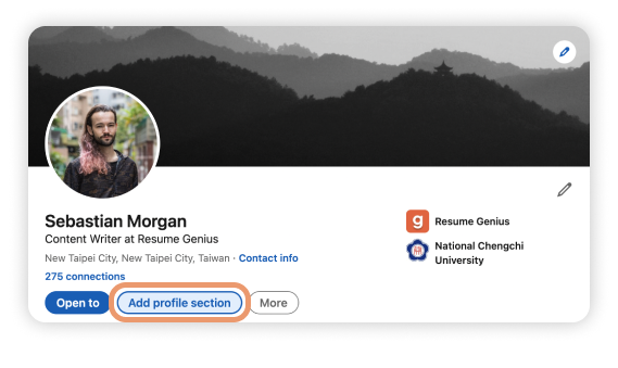 A LinkedIn profile header with an orange circle to show how to add a profile section.