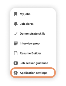 A LinkedIn sidebar with 'Application settings' circled in orange.