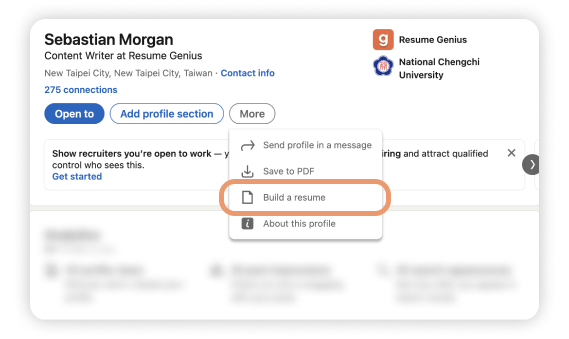 A screenshot of a LinkedIn profile with an orange circle to show how you can build a LinkedIn resume from your profile.