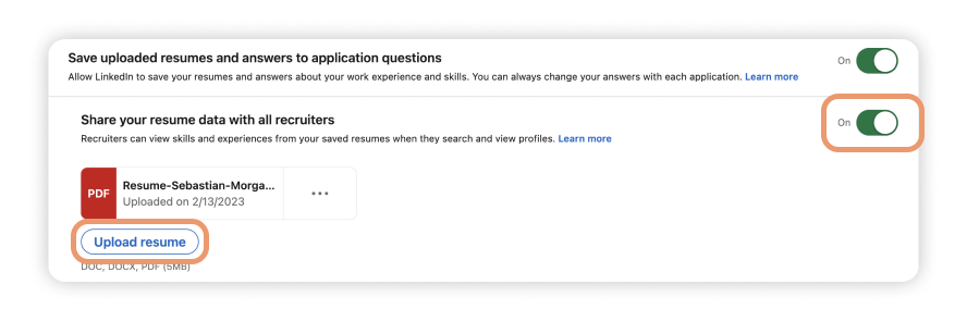 A LinkedIn pop-up window with the options to upload your resume to LinkedIn and share your resume data with all recruiters both circled in orange.