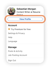 Screenshot of a LinkedIn menu showing the location of the 'View Profile' button.