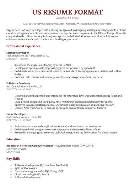 Example of the US resume format.