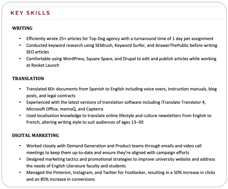 A CV skills section showing how to use skills to apply for jobs with no CV work experience. The skills are bolded headers, and bulleted lists under the headers provide further information.