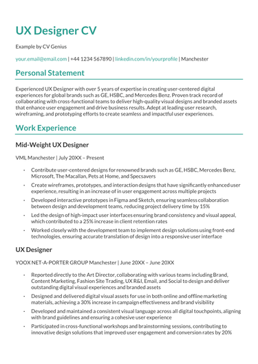 The first page of a UX designer CV example.