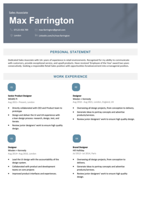The blue version of the Victoria CV Template, which has a bold blue-grey header and work experience entries organised in two columns and headed by numbers.