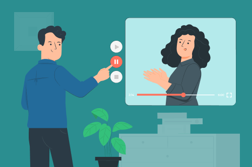 A cartoon showing an interviewer viewing an applicant's video CV on a screen to assess if they're a suitable job candidate