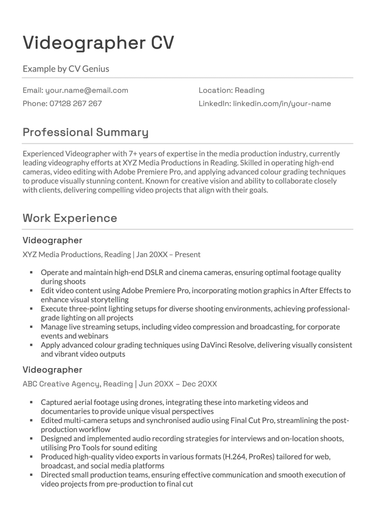The first page of a videographer CV example
